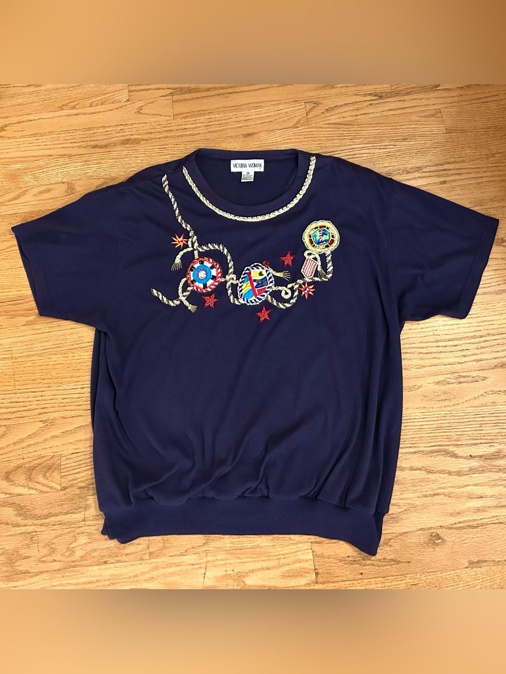 Vintage 80s 90s Victoria Woman 3X Beaded Embellished Navy Top
